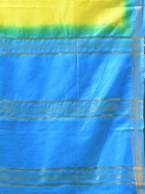 yellow & blue silk blend saree with zari border 4