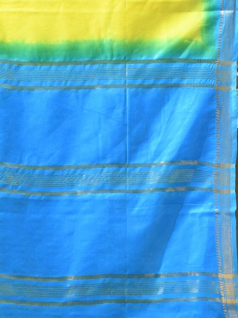 yellow & blue silk blend saree with zari border
