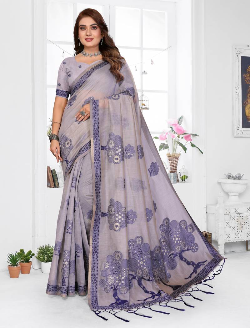 lavender jacquard cotton blend saree with blouse 