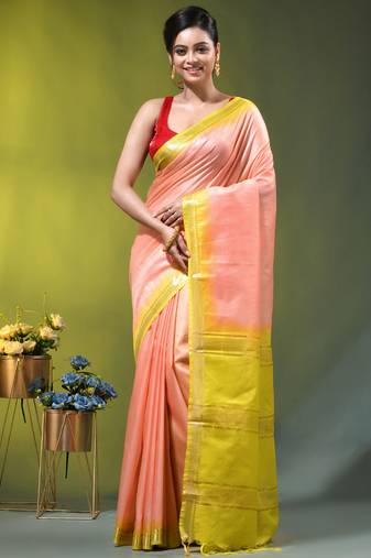 peach & lime yellow silk blend saree with zari border