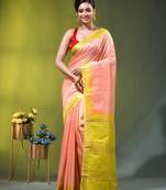peach & lime yellow silk blend saree with zari border