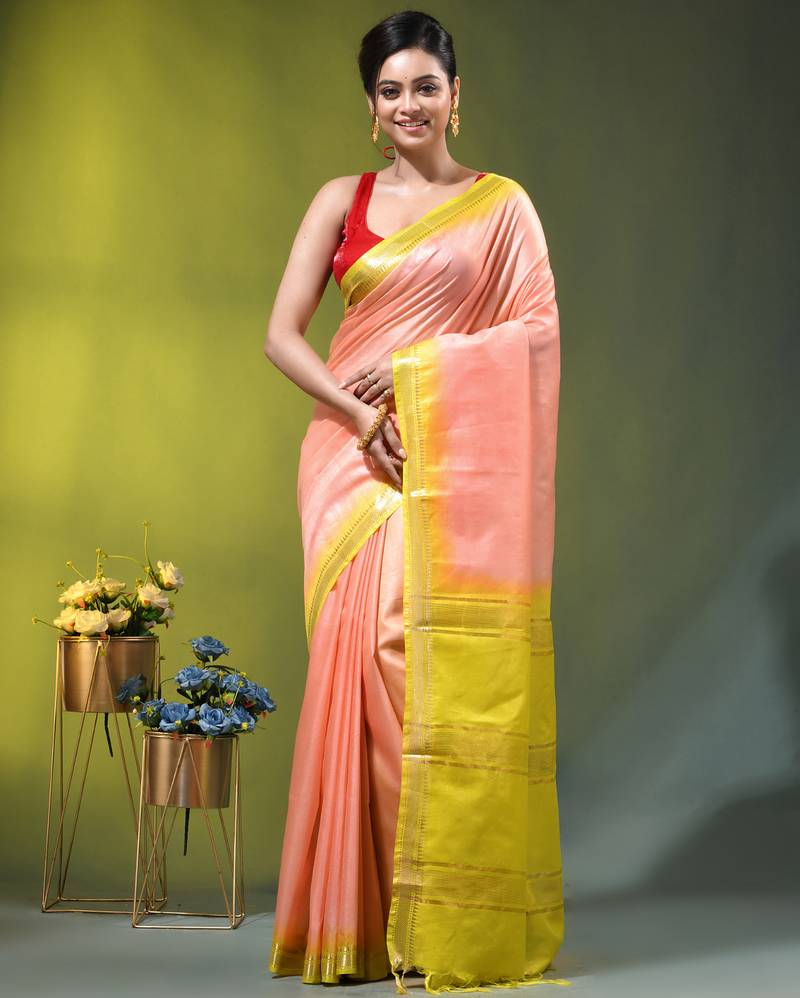peach & lime yellow silk blend saree with zari border