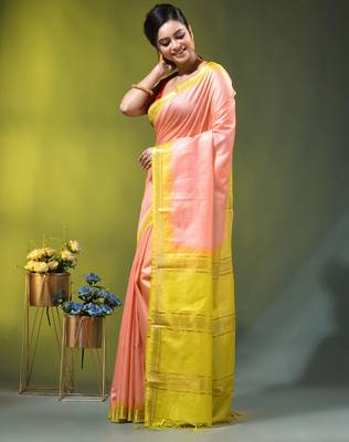 peach & lime yellow silk blend saree with zari border 2