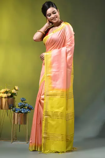 peach & lime yellow silk blend saree with zari border
