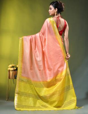 peach & lime yellow silk blend saree with zari border 3