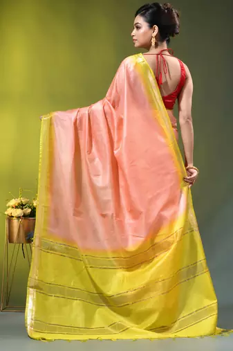 peach & lime yellow silk blend saree with zari border