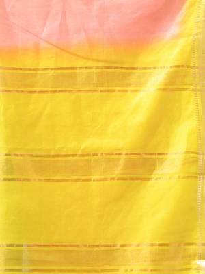 peach & lime yellow silk blend saree with zari border 4