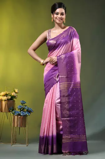 baby pink & purple zari woven checked silk blend saree