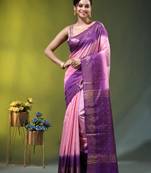 baby pink & purple zari woven checked silk blend saree