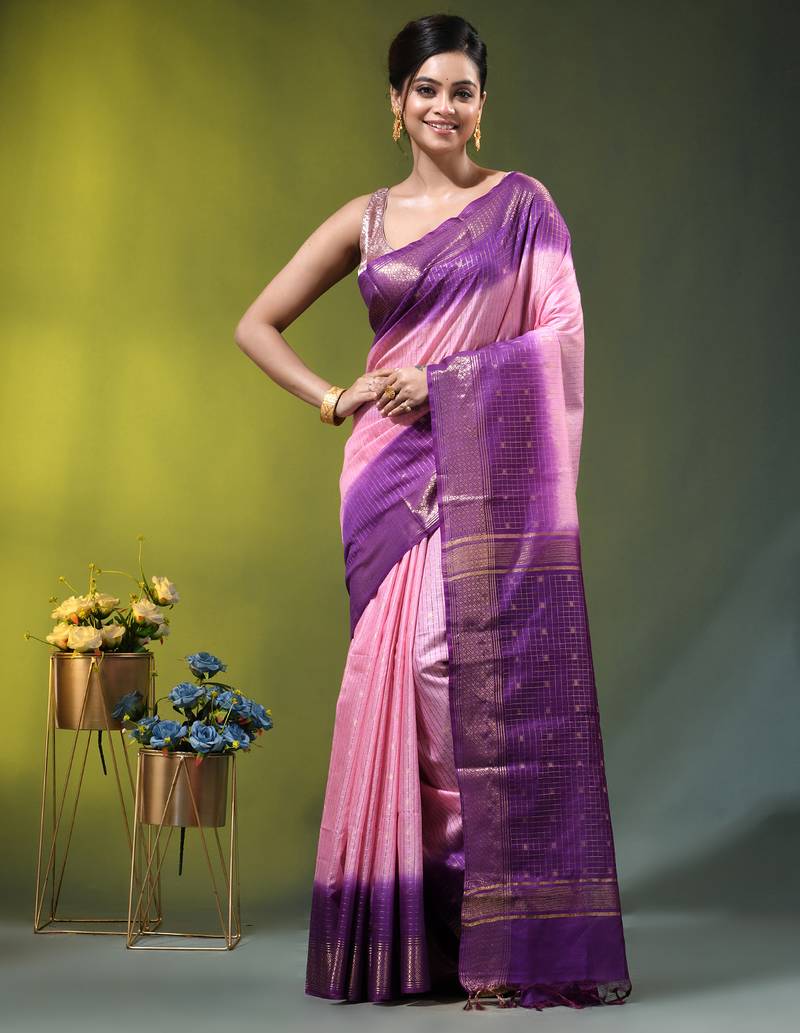 baby pink & purple zari woven checked silk blend saree