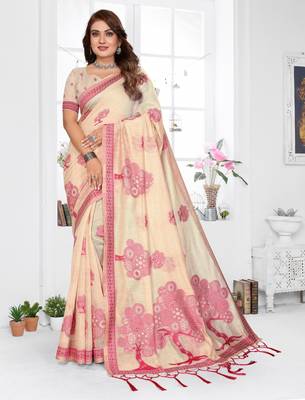 beige jacquard cotton blend saree with blouse  1