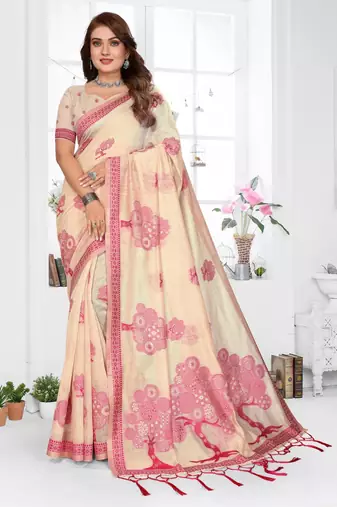 beige jacquard cotton blend saree with blouse 