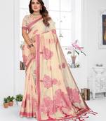 beige jacquard cotton blend saree with blouse 