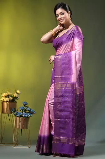 baby pink & purple zari woven checked silk blend saree