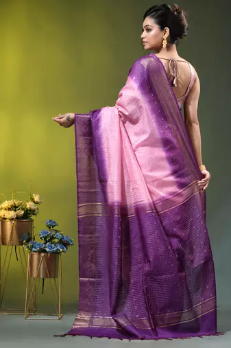 baby pink & purple zari woven checked silk blend saree