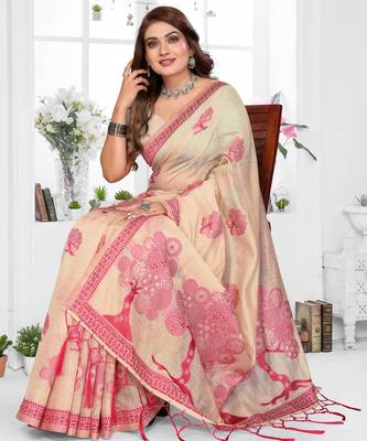 beige jacquard cotton blend saree with blouse  2