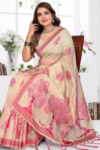 beige jacquard cotton blend saree with blouse 