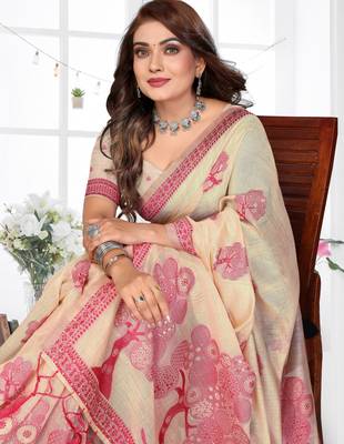 beige jacquard cotton blend saree with blouse  3