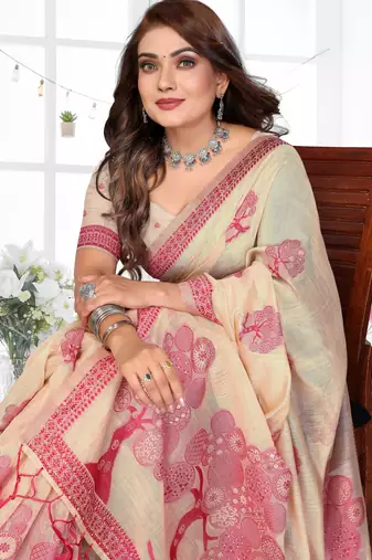 beige jacquard cotton blend saree with blouse 