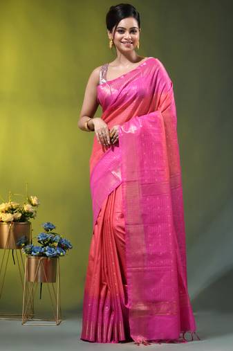 coral & pink zari woven checked silk blend saree