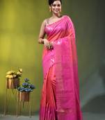 coral & pink zari woven checked silk blend saree