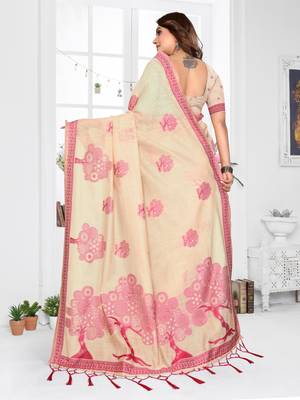beige jacquard cotton blend saree with blouse  4