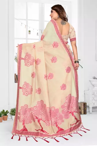 beige jacquard cotton blend saree with blouse 