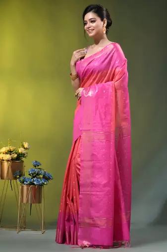 coral & pink zari woven checked silk blend saree