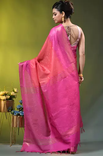 coral & pink zari woven checked silk blend saree
