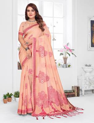 peach jacquard cotton blend saree with blouse  1