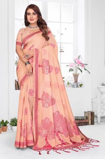peach jacquard cotton blend saree with blouse 