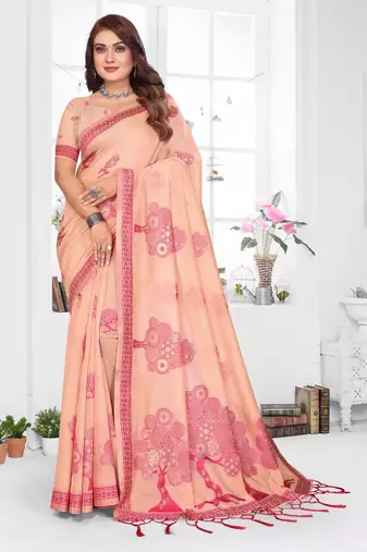 peach jacquard cotton blend saree with blouse 