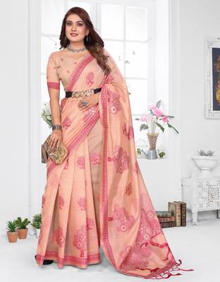 peach jacquard cotton blend saree with blouse  2