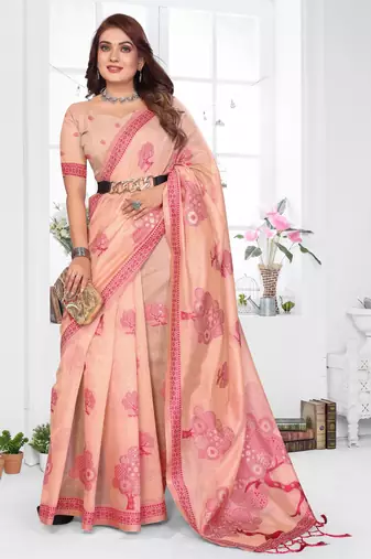 peach jacquard cotton blend saree with blouse 