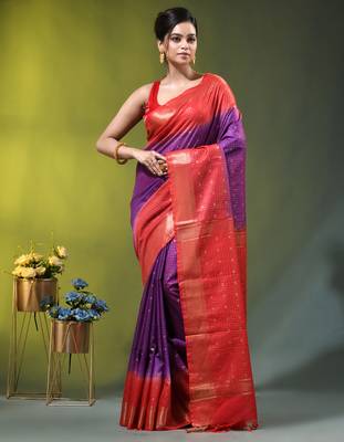 purple & red zari woven checked silk blend saree 1