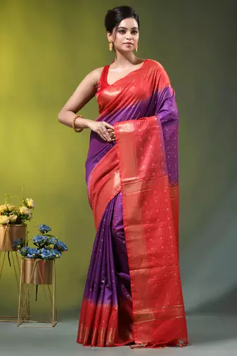 purple & red zari woven checked silk blend saree