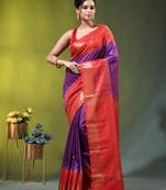 purple & red zari woven checked silk blend saree