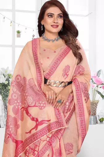 peach jacquard cotton blend saree with blouse 