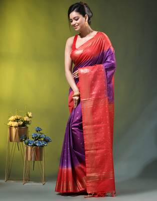 purple & red zari woven checked silk blend saree 2