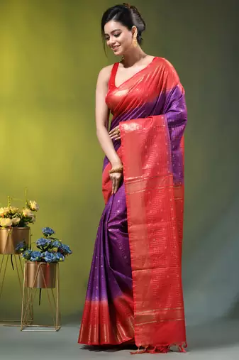 purple & red zari woven checked silk blend saree