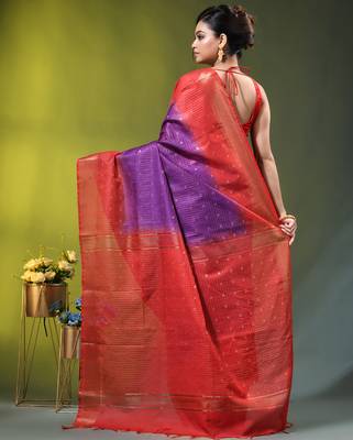 purple & red zari woven checked silk blend saree 3