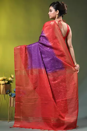 purple & red zari woven checked silk blend saree