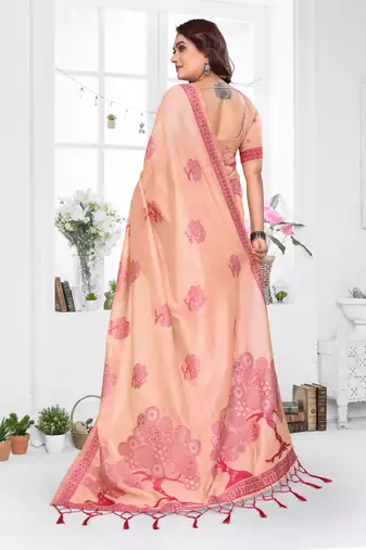 peach jacquard cotton blend saree with blouse 