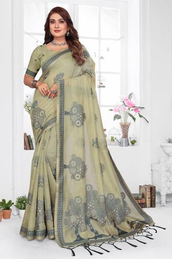 green jacquard cotton blend saree with blouse 