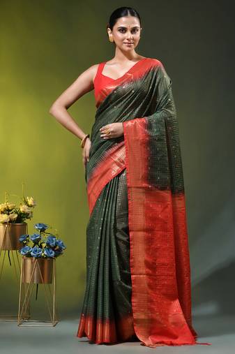 dark green & red zari woven checked silk blend saree