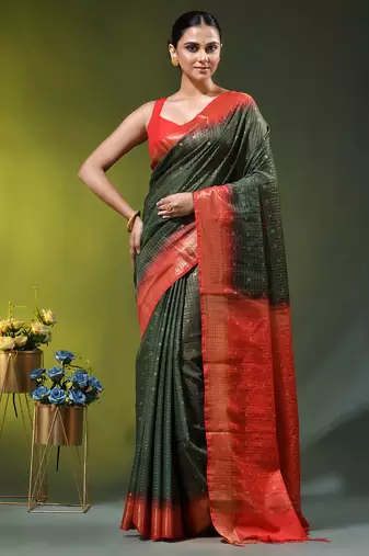 dark green & red zari woven checked silk blend saree
