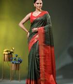 dark green & red zari woven checked silk blend saree