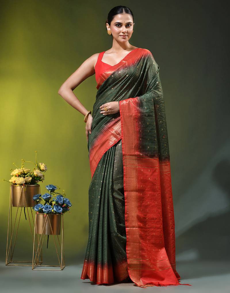 dark green & red zari woven checked silk blend saree