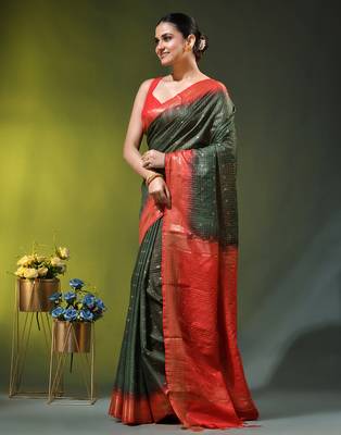 dark green & red zari woven checked silk blend saree 2