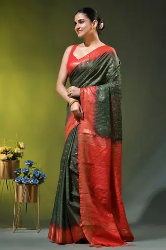 dark green & red zari woven checked silk blend saree